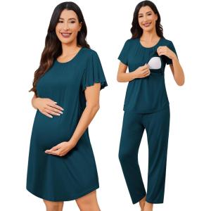 SWOMOG 3PCS Maternity Nursing Nightgown & Pajamas Set Short Sleeve Pjs for Breastfeeding Hospital Pregnancy Lounge Sets(Blue Green)