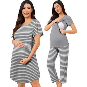 SWOMOG 3PCS Maternity Nursing Nightgown & Pajamas Set Short Sleeve Pjs for Breastfeeding Hospital Pregnancy Lounge Sets(Gray Stripes)