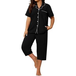 SWOMOG Capri Pajama Women’s Plus Size Pajamas Set Short Sleeve Button Down Sleepwear Soft Pants Lounge Sets 2-Piece Pjs(Black)