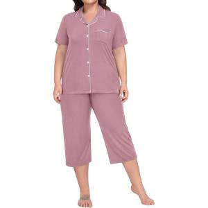 SWOMOG Capri Pajama Women’s Plus Size Pajamas Set Short Sleeve Button Down Sleepwear Soft Pants Lounge Sets 2-Piece Pjs(Taro Purple)