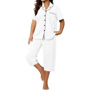 SWOMOG Capri Pajama Women’s Plus Size Pajamas Set Short Sleeve Button Down Sleepwear Soft Pants Lounge Sets 2-Piece Pjs(White)