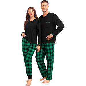 SWOMOG Couples Pajama Set Long Sleeve and Plaid Pants with Pockets Pjs Soft Sleepwear Lounge Set(Black & Green Plaid)