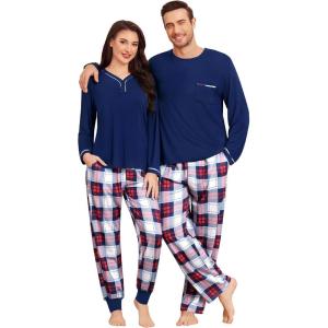 SWOMOG Couples Pajama Set Long Sleeve and Plaid Pants with Pockets Pjs Soft Sleepwear Lounge Set(Navy Blue)