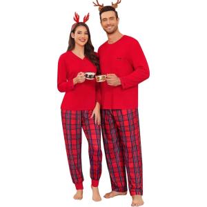 SWOMOG Couples Pajama Set Long Sleeve and Plaid Pants with Pockets Pjs Soft Sleepwear Lounge Set(Red)