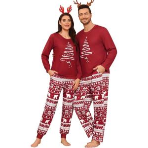 SWOMOG Couples Pajama Sets Women & Men Long Sleeve Sleepwear Top Plaid Pants Loungewear Set with Pockets(Red Christmas Tree)