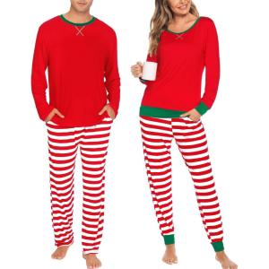 SWOMOG Couples Pajama Sets Women & Men Long Sleeve Sleepwear Top Plaid Pants Loungewear Set with Pockets(Red Stripes)