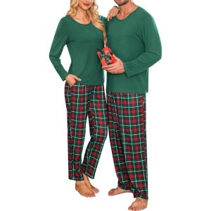 SWOMOG Couples Pajama Sets Women & Men Long Sleeve Sleepwear Top Plaid Pants Loungewear Set with Pockets(Z – Deep Green – Solid Top)