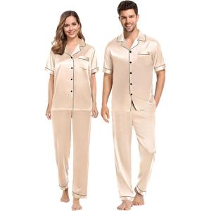 SWOMOG Couples Pajamas Sets Women & Men Satin Short Sleeve Sleepwear Button Down Loungewear Pjs Set with Long Pants(Champagne)