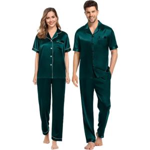 SWOMOG Couples Pajamas Sets Women & Men Satin Short Sleeve Sleepwear Button Down Loungewear Pjs Set with Long Pants(Deep Green)