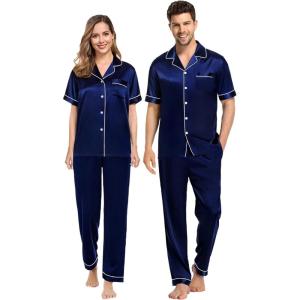 SWOMOG Couples Pajamas Sets Women & Men Satin Short Sleeve Sleepwear Button Down Loungewear Pjs Set with Long Pants(Deep Navy Blue)