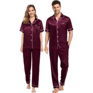 SWOMOG Couples Pajamas Sets Women & Men Satin Short Sleeve Sleepwear Button Down Loungewear Pjs Set with Long Pants(Deep Wine Red)