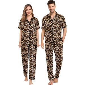 SWOMOG Couples Pajamas Sets Women & Men Satin Short Sleeve Sleepwear Button Down Loungewear Pjs Set with Long Pants(Leopard Print)