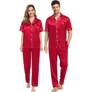 SWOMOG Couples Pajamas Sets Women & Men Satin Short Sleeve Sleepwear Button Down Loungewear Pjs Set with Long Pants(Red)