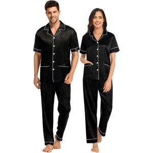 SWOMOG Couples Pajamas Sets Women & Men Satin Short Sleeve Sleepwear Button Down Loungewear Pjs Set with Long Pants(Z – Black – 2 Pockets)