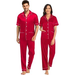 SWOMOG Couples Pajamas Sets Women & Men Satin Short Sleeve Sleepwear Button Down Loungewear Pjs Set with Long Pants(Z – Red – 2 Pockets)