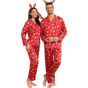 SWOMOG Couples Satin Pajama Set Women & Men Long Sleeve Sleepwear Button Down Loungewear Silky Pj Set with Long Pants(Christmas Red)
