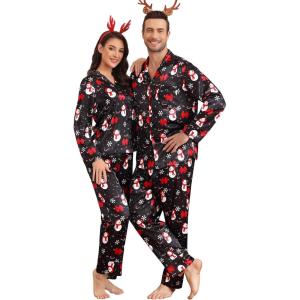 SWOMOG Couples Satin Pajama Set Women & Men Long Sleeve Sleepwear Button Down Loungewear Silky Pj Set with Long Pants(Christmas Snowman)
