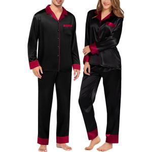 SWOMOG Couples Satin Pajama Set Women & Men Long Sleeve Sleepwear Button Down Loungewear Silky Pj Set with Long Pants(Contrasting Black)