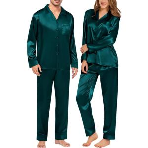 SWOMOG Couples Satin Pajama Set Women & Men Long Sleeve Sleepwear Button Down Loungewear Silky Pj Set with Long Pants(Deep Green)