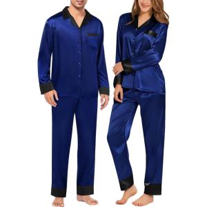 SWOMOG Couples Satin Pajama Set Women & Men Long Sleeve Sleepwear Button Down Loungewear Silky Pj Set with Long Pants(Navy Blue)