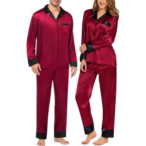 SWOMOG Couples Satin Pajama Set Women & Men Long Sleeve Sleepwear Button Down Loungewear Silky Pj Set with Long Pants(Wine Red)