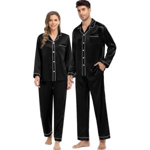 SWOMOG Couples Satin Pajama Set Women & Men Long Sleeve Sleepwear Button Down Loungewear Silky Pj Set with Long Pants(Z – Double Piping – Black)