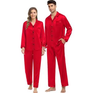 SWOMOG Couples Satin Pajama Set Women & Men Long Sleeve Sleepwear Button Down Loungewear Silky Pj Set with Long Pants(Z – Double Piping – Candy Red)