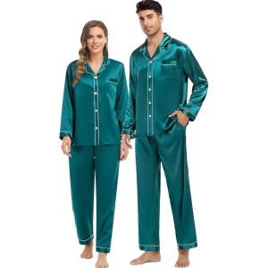 SWOMOG Couples Satin Pajama Set Women & Men Long Sleeve Sleepwear Button Down Loungewear Silky Pj Set with Long Pants(Z – Double Piping – Green)