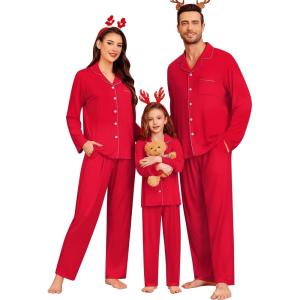 SWOMOG Family Christmas Pajamas Set Party Holiday Sleepwear Long Sleeve Button-Down Loungewear Set(Red)