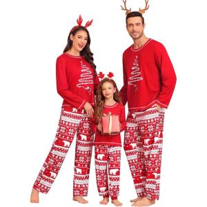SWOMOG Family Christmas Pajamas Set Party Holiday Sleepwear Long Sleeve Button-Down Loungewear Set(Red Christmas Tree(pullover))
