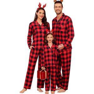 SWOMOG Family Christmas Pajamas Set Party Holiday Sleepwear Long Sleeve Button-Down Loungewear Set(Red With Black Grid)