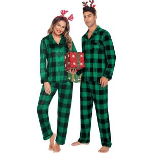 SWOMOG Family Christmas Pajamas Set Women & Men Long Sleeve Pj Set Party Sleepwear Button-Down Loungewear Set(Big Green With Black Grid)