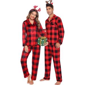 SWOMOG Family Christmas Pajamas Set Women & Men Long Sleeve Pj Set Party Sleepwear Button-Down Loungewear Set(Big Red With Black Grid)