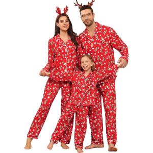 SWOMOG Family Christmas Pajamas Set Women & Men Long Sleeve Pj Set Party Sleepwear Button-Down Loungewear Set(Red Christmas Deer)
