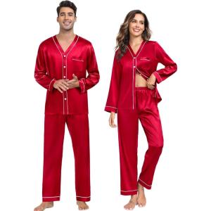 SWOMOG Family Satin Pajamas Sets Long Sleeve Button-Down Sleepwear Silky Two-Pieces Loungewear PJs Sets(Camellia Red)