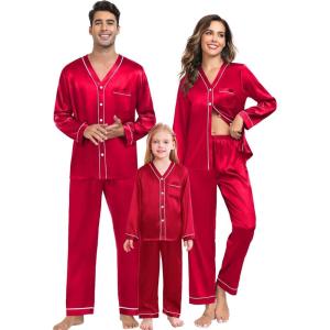 SWOMOG Family Satin Pajamas Sets Long Sleeve Button-Down Sleepwear Silky Two-Pieces Loungewear PJs Sets(Red)