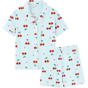 SWOMOG Girls Pajamas Button Down 2PCS Kids Pajama Set Cute Toddler Sleepwear Short Sleeve with Long Pants(Blue Cherry)