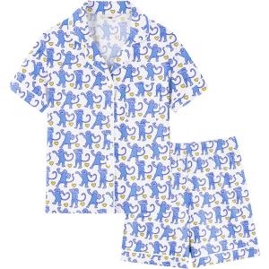 SWOMOG Girls Pajamas Button Down 2PCS Kids Pajama Set Cute Toddler Sleepwear Short Sleeve with Long Pants(Blue Monkey)