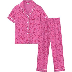 SWOMOG Girls Pajamas Button Down 2PCS Kids Pajama Set Cute Toddler Sleepwear Short Sleeve with Long Pants(Hot Pink Leopard)