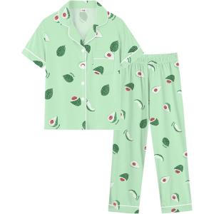 SWOMOG Girls Pajamas Button Down 2PCS Kids Pajama Set Cute Toddler Sleepwear Short Sleeve with Long Pants(Light Green Avocado)