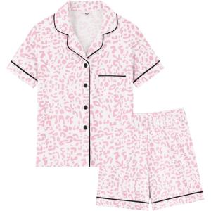 SWOMOG Girls Pajamas Button Down 2PCS Kids Pajama Set Cute Toddler Sleepwear Short Sleeve with Long Pants(Pink Leopard)