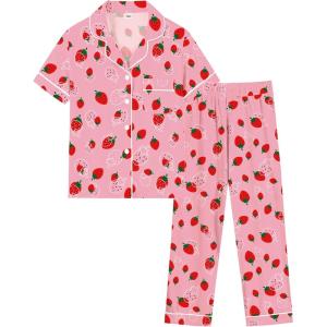 SWOMOG Girls Pajamas Button Down 2PCS Kids Pajama Set Cute Toddler Sleepwear Short Sleeve with Long Pants(Taro Strawberry)