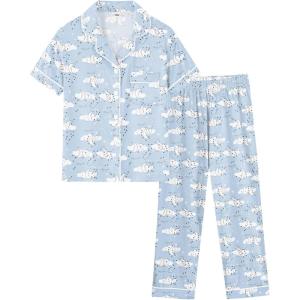 SWOMOG Girls Pajamas Button Down 2PCS Kids Pajama Set Cute Toddler Sleepwear Short Sleeve with Long Pants(White Moon)