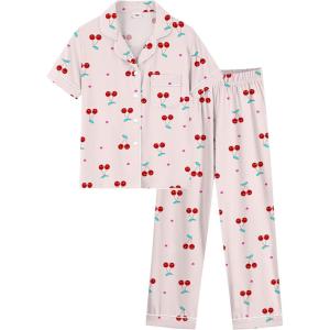 SWOMOG Girls Pajamas Button Down 2PCS Kids Pajama Set Cute Toddler Sleepwear Short Sleeve with Long Pants(Yellow Cherry)