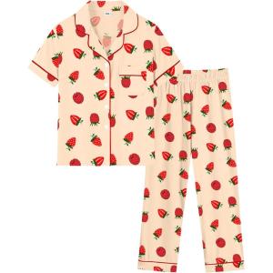 SWOMOG Girls Pajamas Button Down 2PCS Kids Pajama Set Cute Toddler Sleepwear Short Sleeve with Long Pants(Yellow Strawberry)