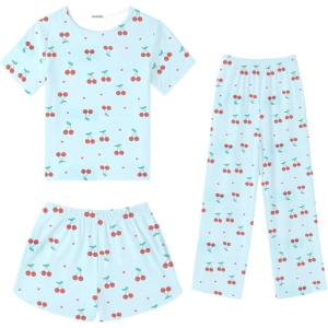 SWOMOG Girls Pajamas Sets 3 Piece Short Sleeve Sleepwear Summer Cute Pjs Cartoon Print Loungewear for Kids Size 6-15(3 Piece-blue Cherry)