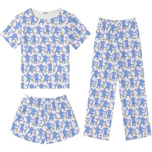 SWOMOG Girls Pajamas Sets 3 Piece Short Sleeve Sleepwear Summer Cute Pjs Cartoon Print Loungewear for Kids Size 6-15(3 Piece-blue Monkey)