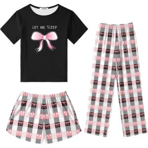 SWOMOG Girls Pajamas Sets 3 Piece Short Sleeve Sleepwear Summer Cute Pjs Cartoon Print Loungewear for Kids Size 6-15(3 Piece-bow Plaid)