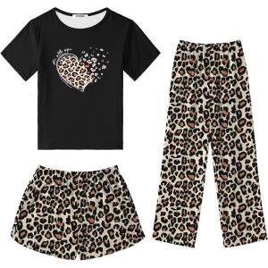SWOMOG Girls Pajamas Sets 3 Piece Short Sleeve Sleepwear Summer Cute Pjs Cartoon Print Loungewear for Kids Size 6-15(3 Piece-leopard Heart)