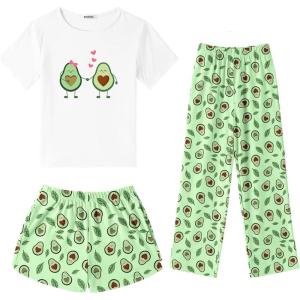 SWOMOG Girls Pajamas Sets 3 Piece Short Sleeve Sleepwear Summer Cute Pjs Cartoon Print Loungewear for Kids Size 6-15(3 Piece-love Avocado)
